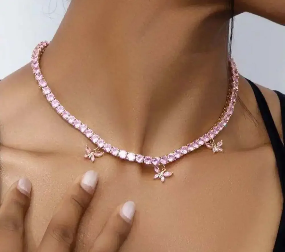 Pink butterfly tennis necklace